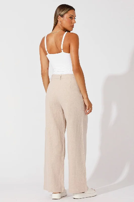 Beige Wide Leg Pants High Rise Tailored