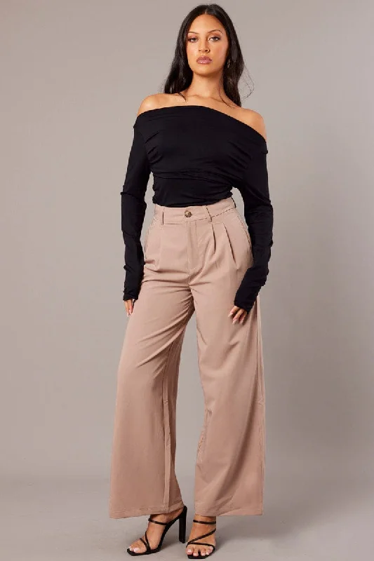 Beige Wide Leg Pants Mid Rise