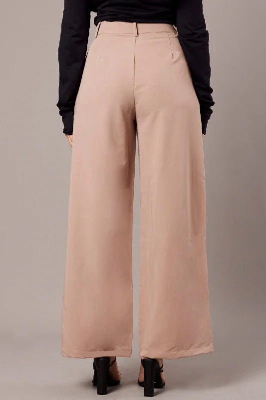 Beige Wide Leg Pants Mid Rise