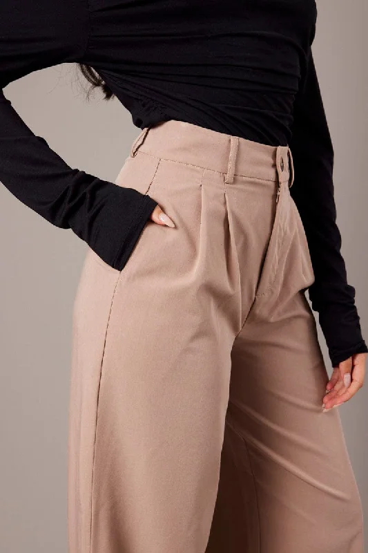 Beige Wide Leg Pants Mid Rise