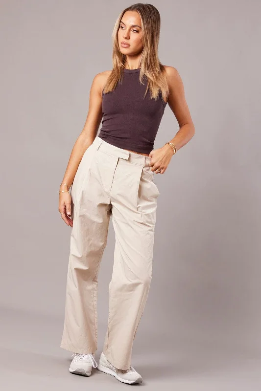 Beige Wide Leg Pants Pleated Front