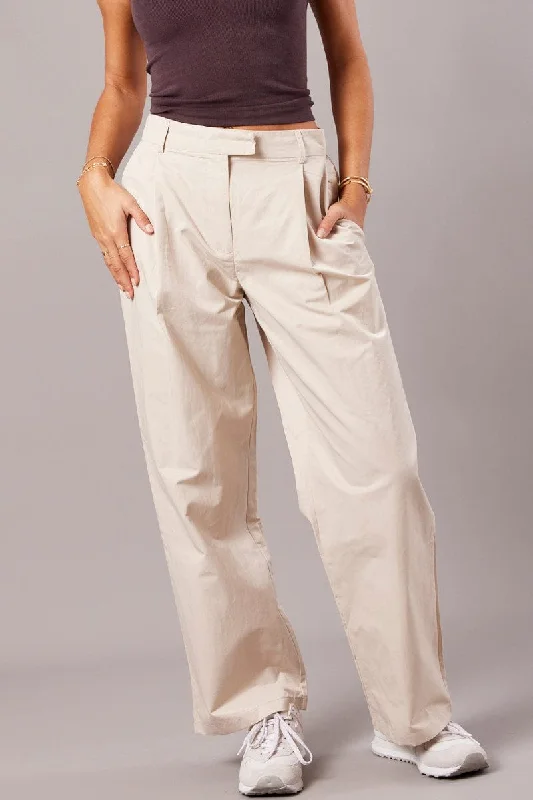 Beige Wide Leg Pants Pleated Front