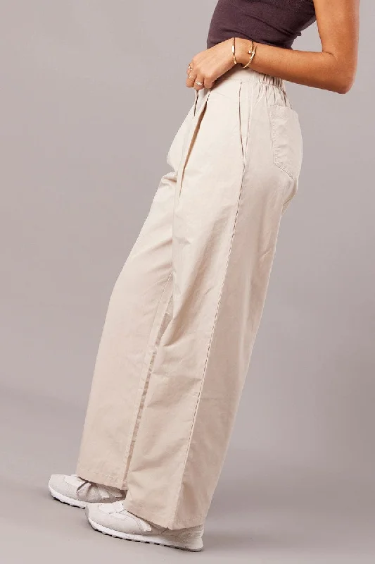 Beige Wide Leg Pants Pleated Front