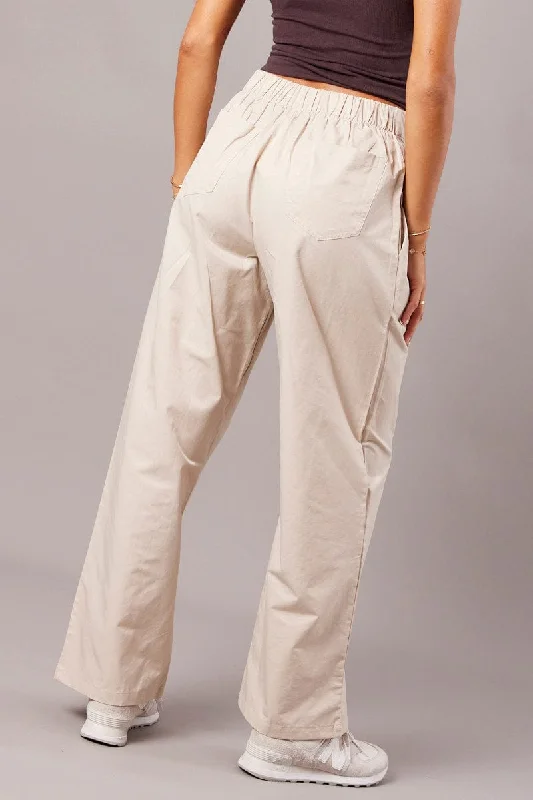 Beige Wide Leg Pants Pleated Front