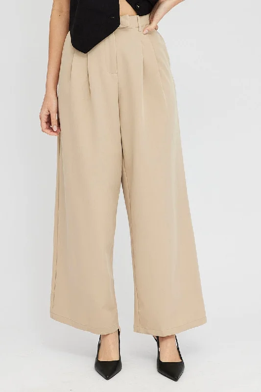 Beige Wide Leg Pants Tailored Low Rise