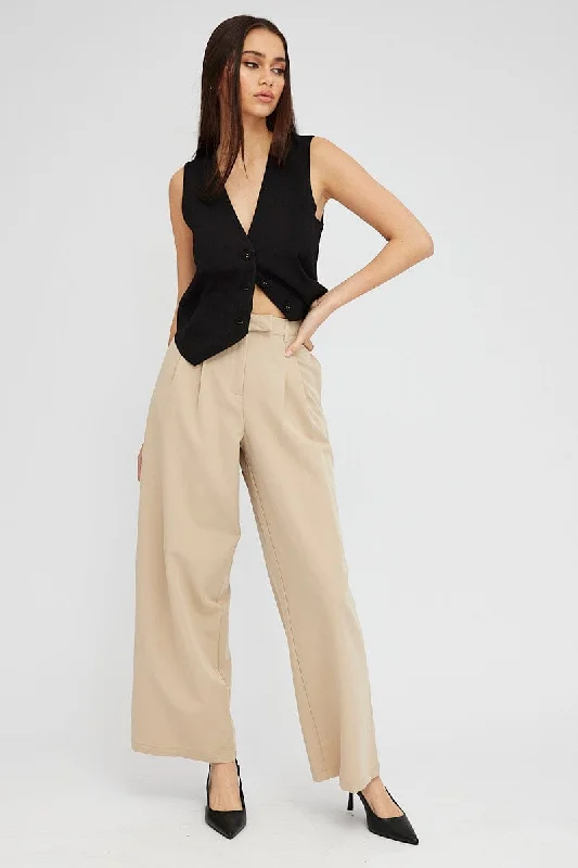 Beige Wide Leg Pants Tailored Low Rise