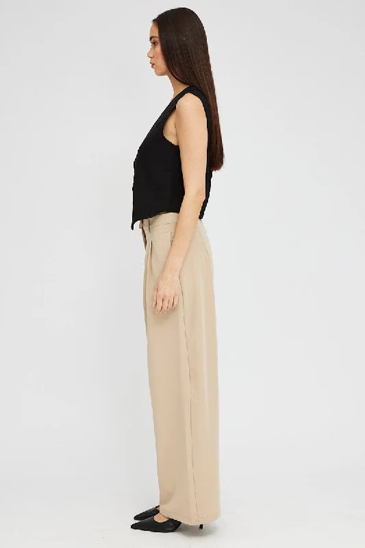 Beige Wide Leg Pants Tailored Low Rise