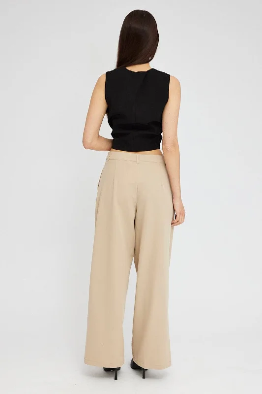 Beige Wide Leg Pants Tailored Low Rise