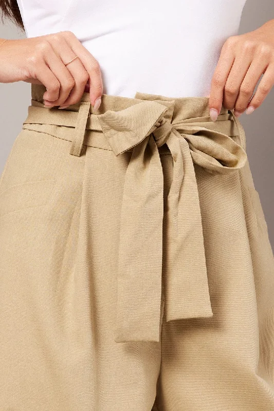 Beige Wide Leg Pants Waist Tie