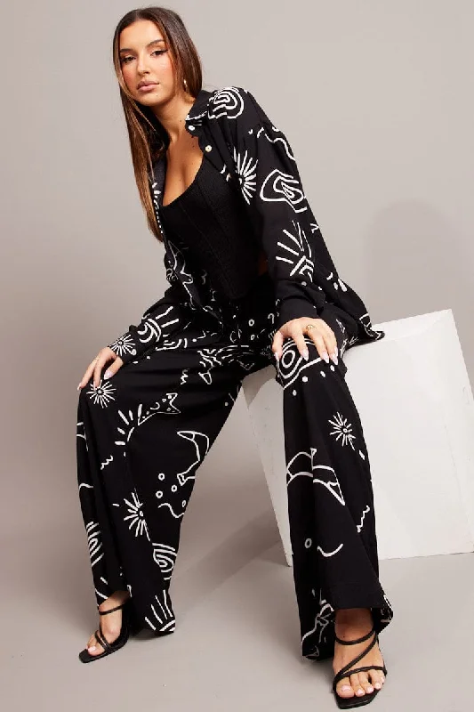 Black Abstract Wide Leg Pants High Rise