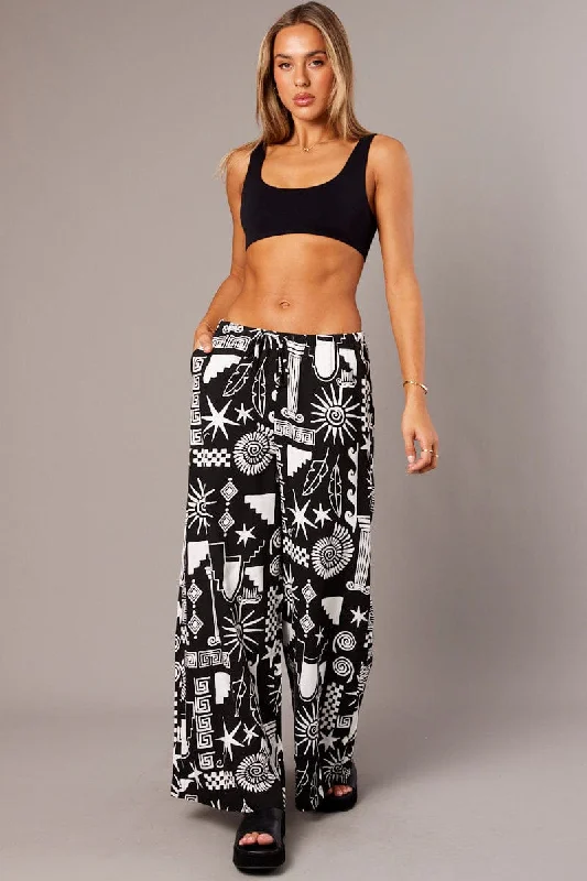 Black Abstract Wide Leg Pants High Rise