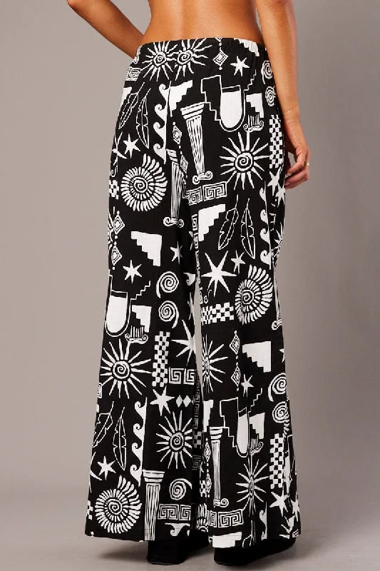 Black Abstract Wide Leg Pants High Rise