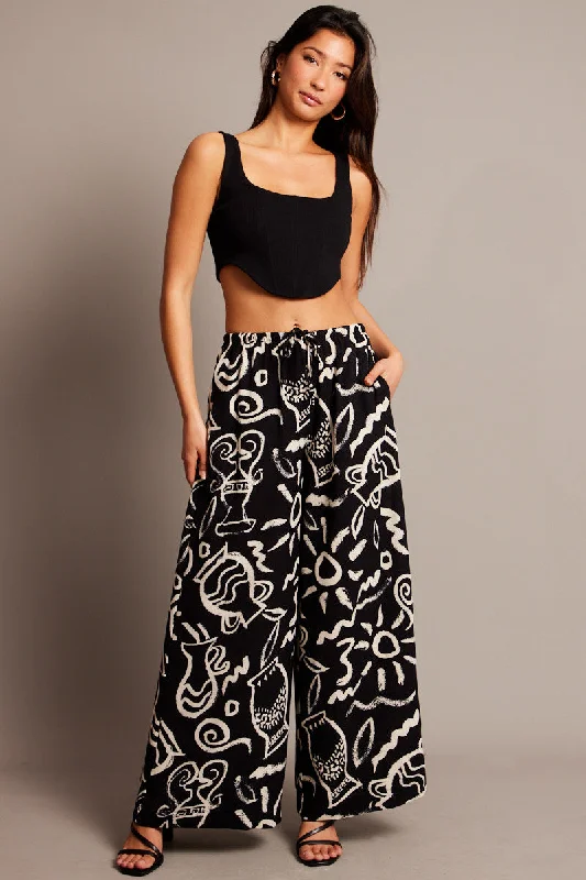 Black Abstract Wide Leg Pants High Rise