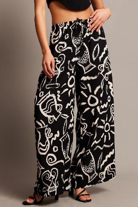 Black Abstract Wide Leg Pants High Rise