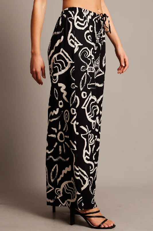 Black Abstract Wide Leg Pants High Rise