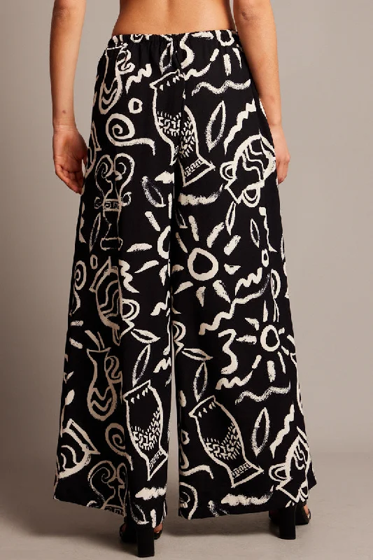 Black Abstract Wide Leg Pants High Rise