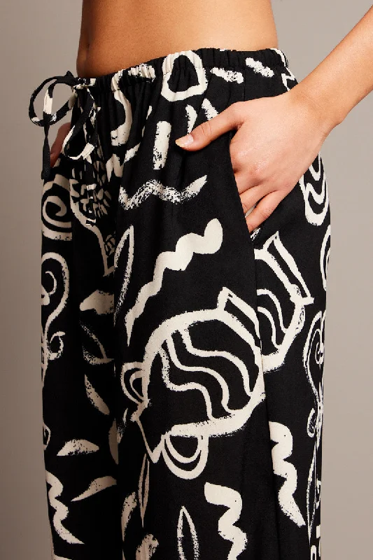 Black Abstract Wide Leg Pants High Rise