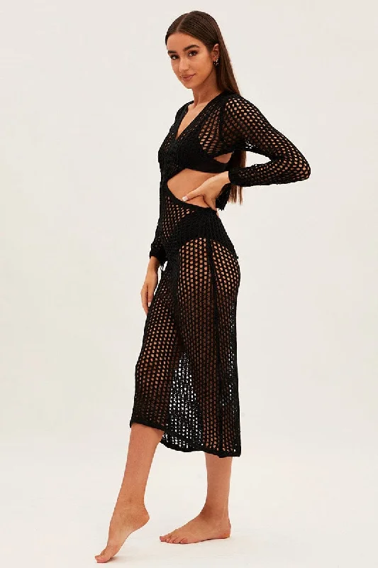 Black Crochet Cutout Knit Dress