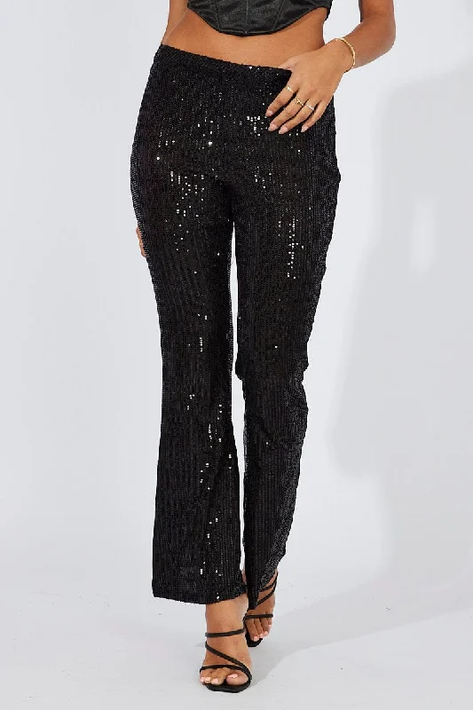 Black Flare Leg Pants High Rise Metallic