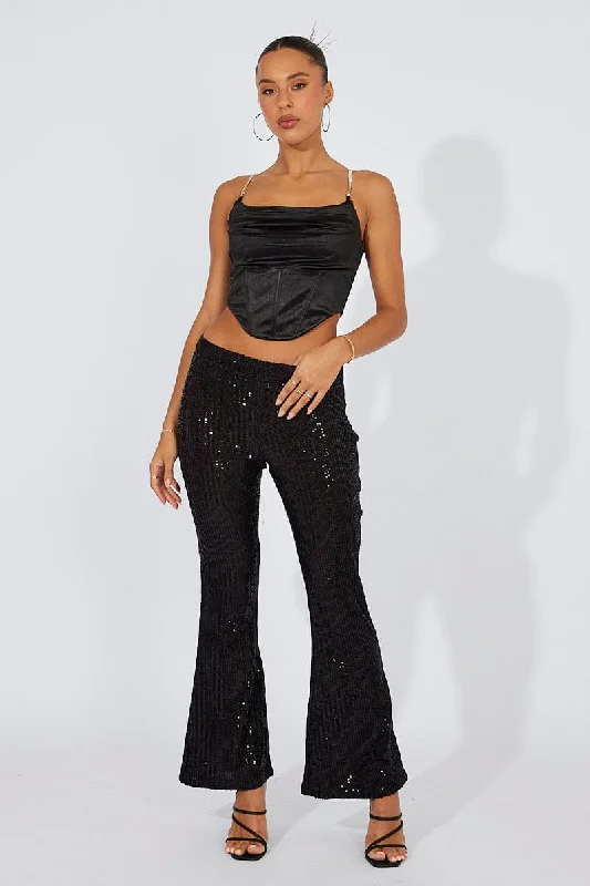 Black Flare Leg Pants High Rise Metallic