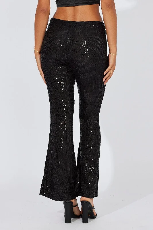 Black Flare Leg Pants High Rise Metallic