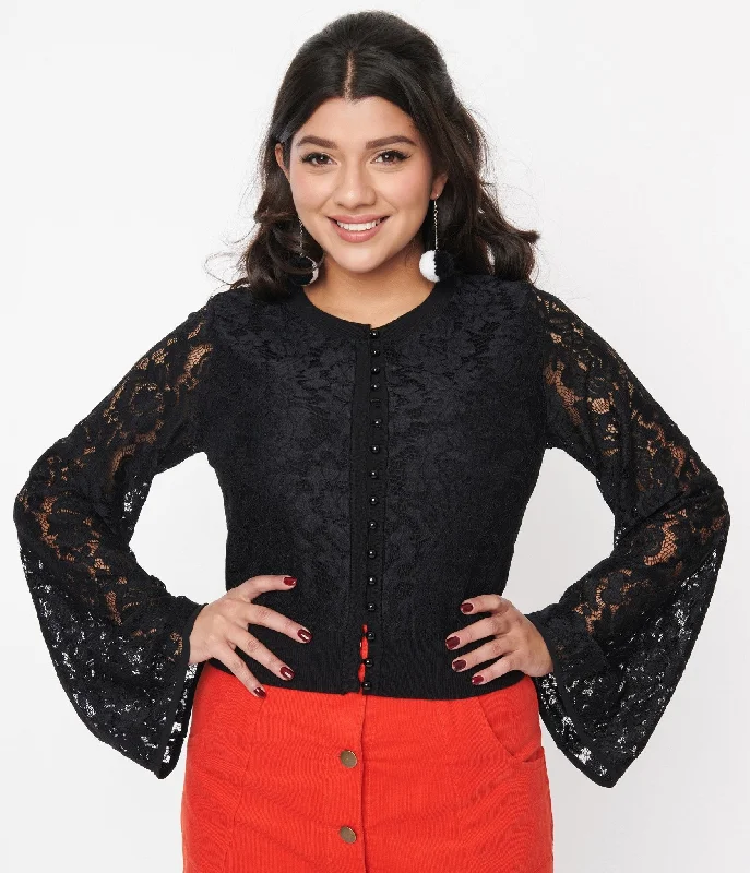 Black Floral Lace Bell Sleeve Cardigan