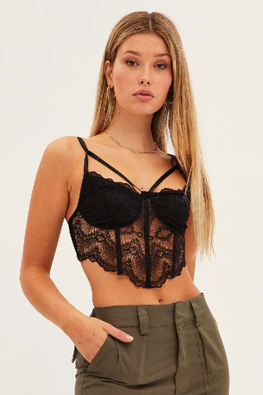 Black Floral Lace Corset Top