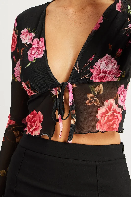 Black Floral Tie up Cardigan Long Sleeve