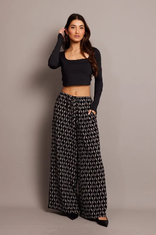 Black Geo Wide Leg Pants High Rise