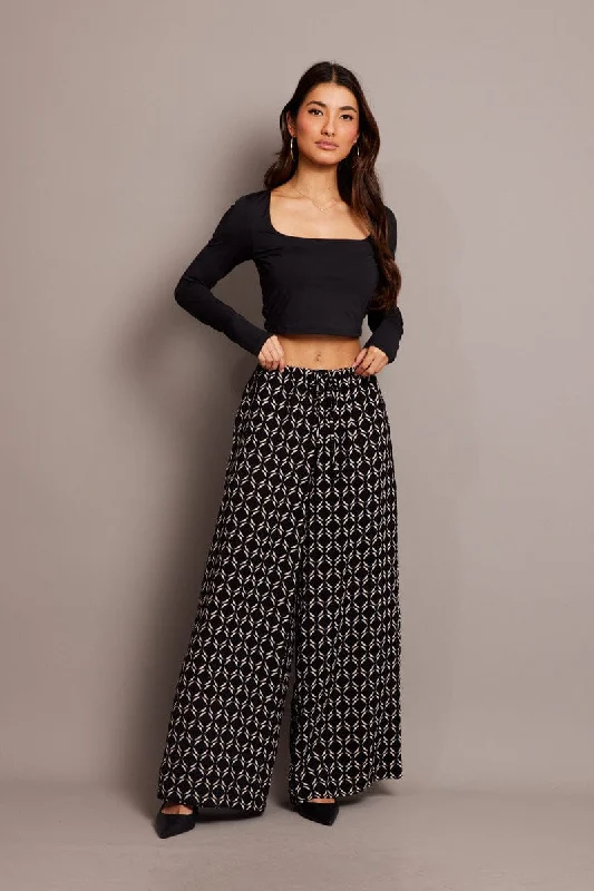 Black Geo Wide Leg Pants High Rise