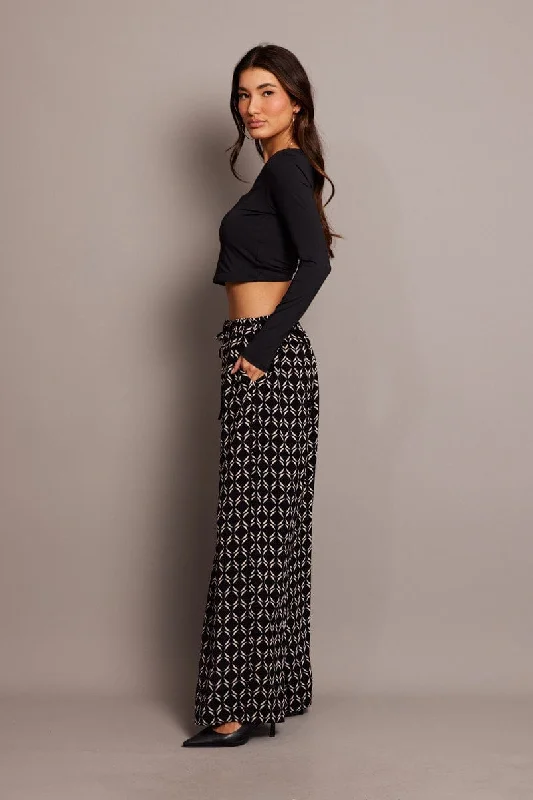 Black Geo Wide Leg Pants High Rise