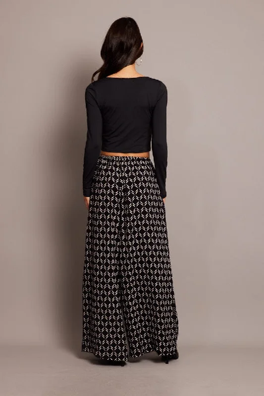 Black Geo Wide Leg Pants High Rise