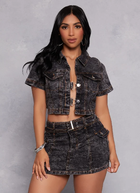 Hook Closure Cropped Acid Wash Denim Jacket