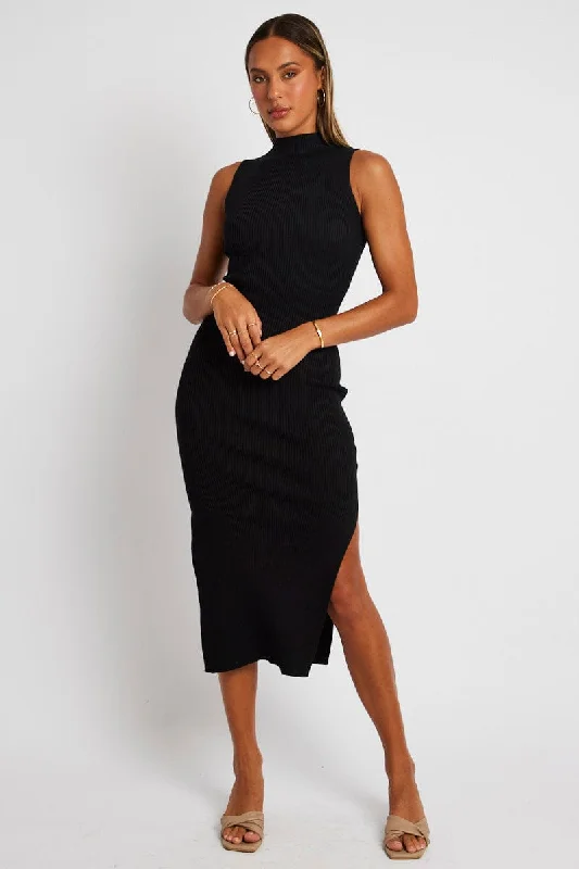 Black Knit Dress High Neck Midi