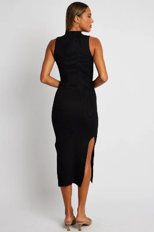 Black Knit Dress High Neck Midi