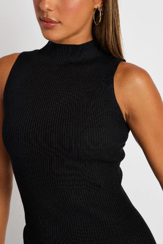 Black Knit Dress High Neck Midi