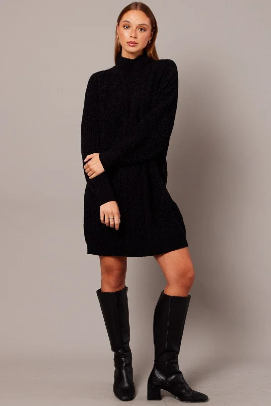 Black Knit Dress High Neck Oversized Chenille