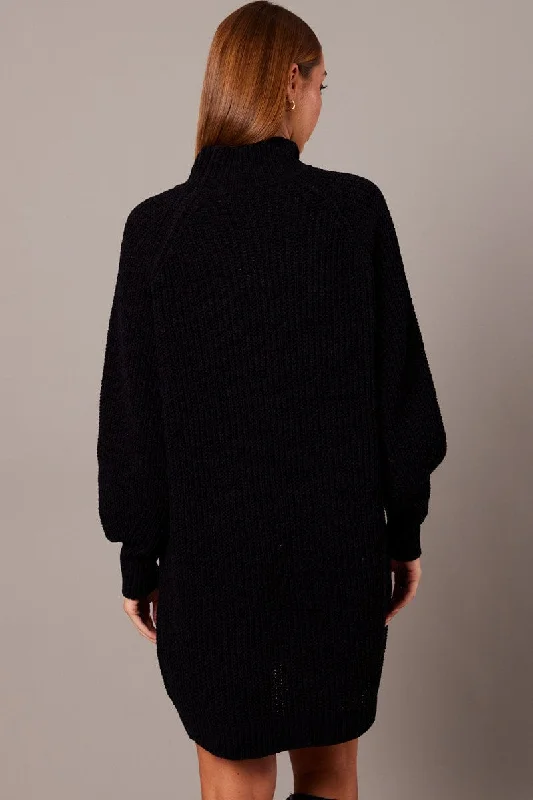 Black Knit Dress High Neck Oversized Chenille