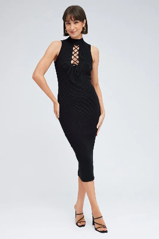 Black Knit Dress High Neck Sleeveless Midi