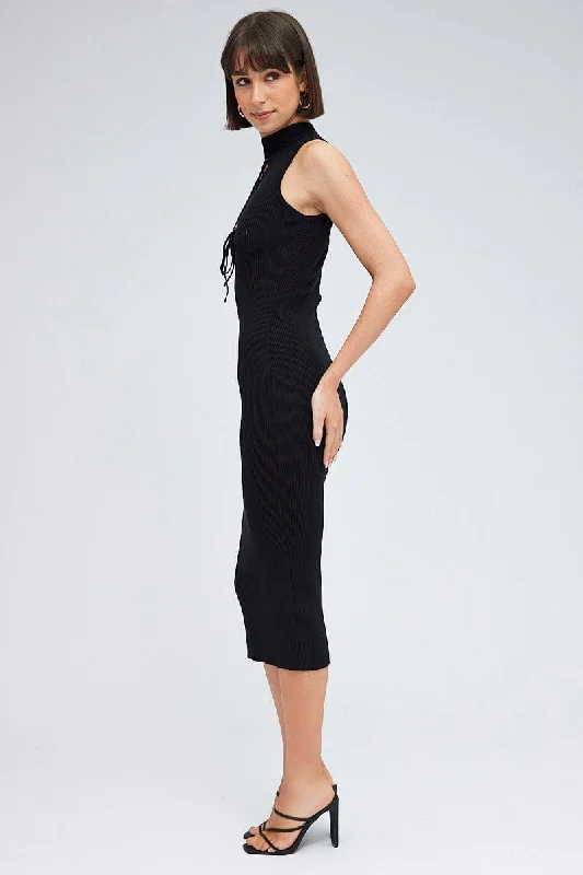 Black Knit Dress High Neck Sleeveless Midi