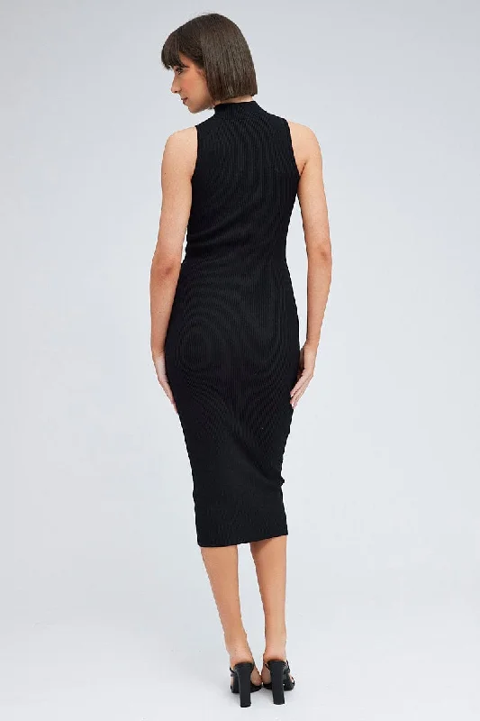 Black Knit Dress High Neck Sleeveless Midi