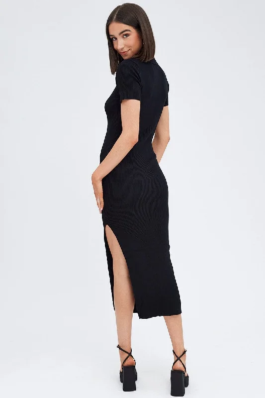 Black Knit Dress Short Sleeve Maxi Collared