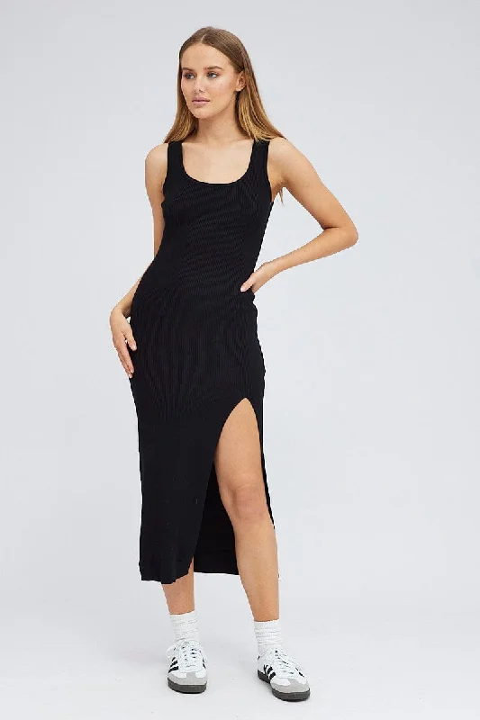 Black Knit Dress Sleeveless Midi Side Split