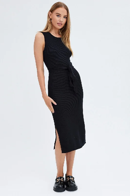 Black Knit Dress Sleeveless Round Neck Belted Midi