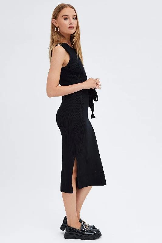 Black Knit Dress Sleeveless Round Neck Belted Midi