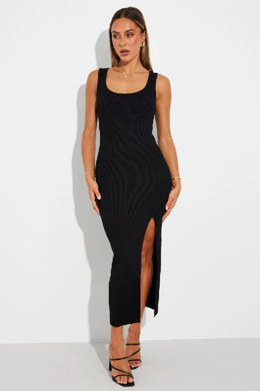 Black Knit Dress Sleeveless Side Split