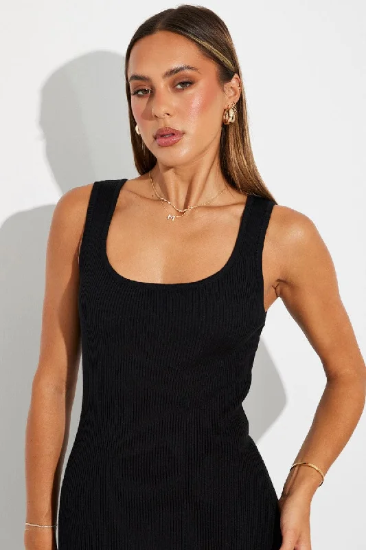 Black Knit Dress Sleeveless Side Split