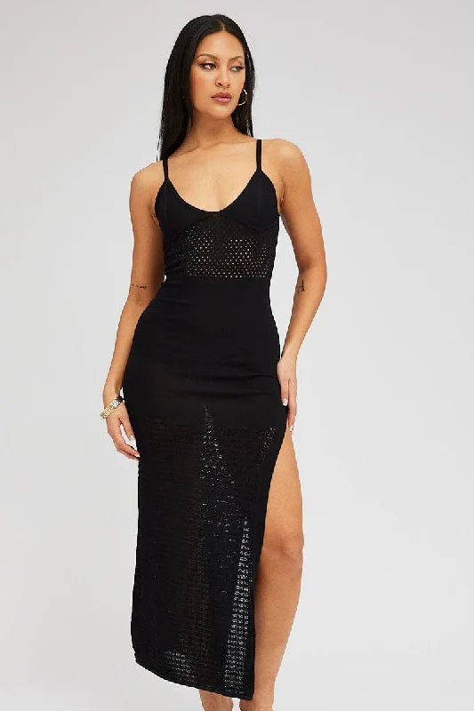 Black Knit Dress Sleeveless V Neck Midi Mixed Crochet