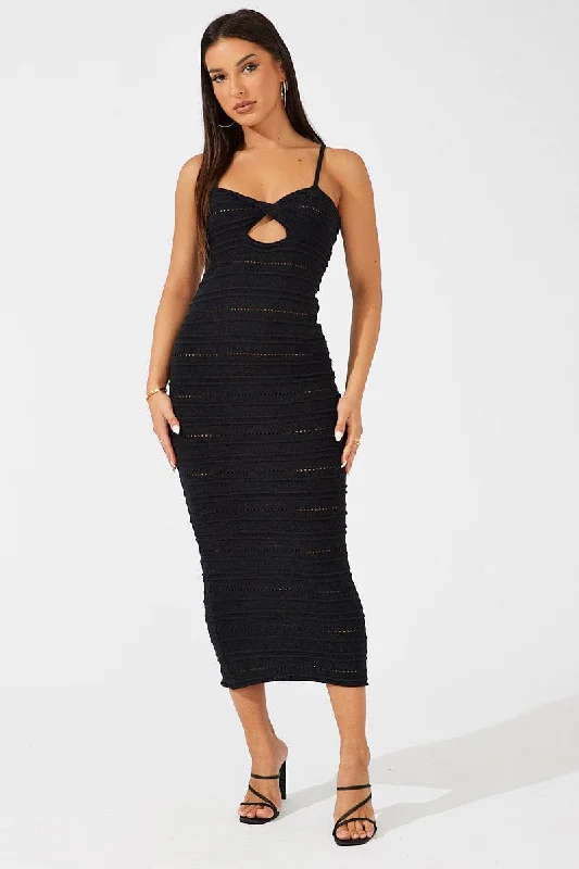 Black Knit Dress Twisted Bust Midi