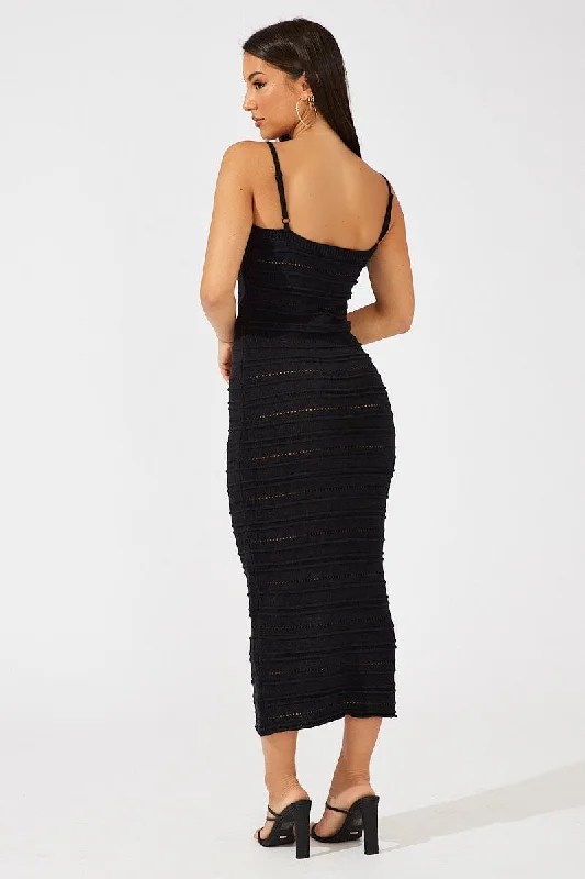 Black Knit Dress Twisted Bust Midi